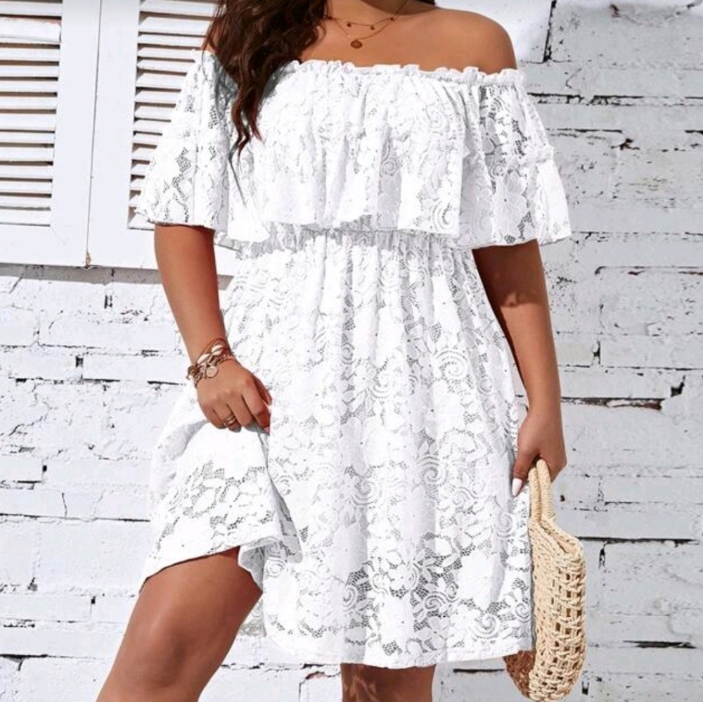 SHEIN Off-Shoulder White Lace Mini Dress